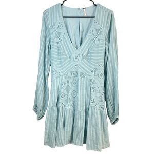 Free People Patchwork of My Dreams Dress Womens M Blue Crochet Lace V Neck